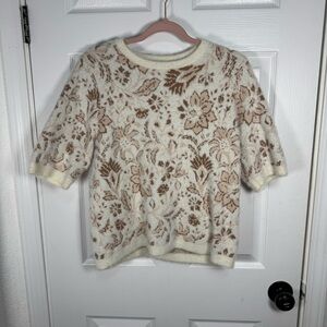 Rachel Zoe Cream and Tan Floral‎ Fuzzy Sweater Top